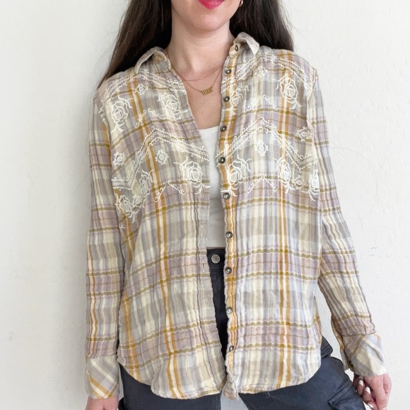 FREE PEOPLE Magical Plaid Yellow Embroidered Shirt - Picture 1 of 11